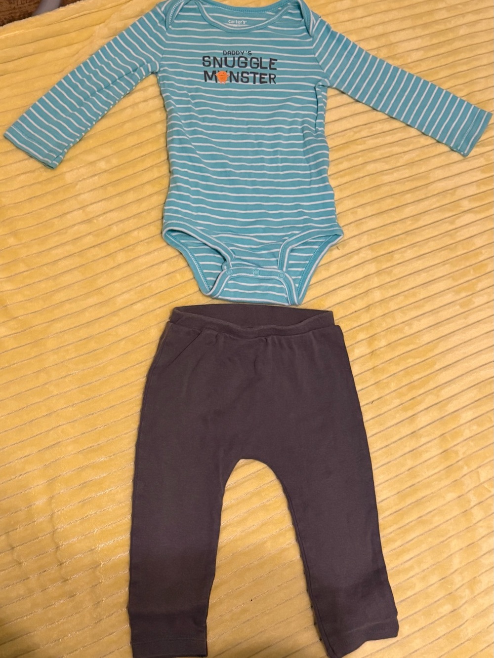 Carter's Teal Striped 'Snuggle Monster' Bodysuit with Dark Gray Pants